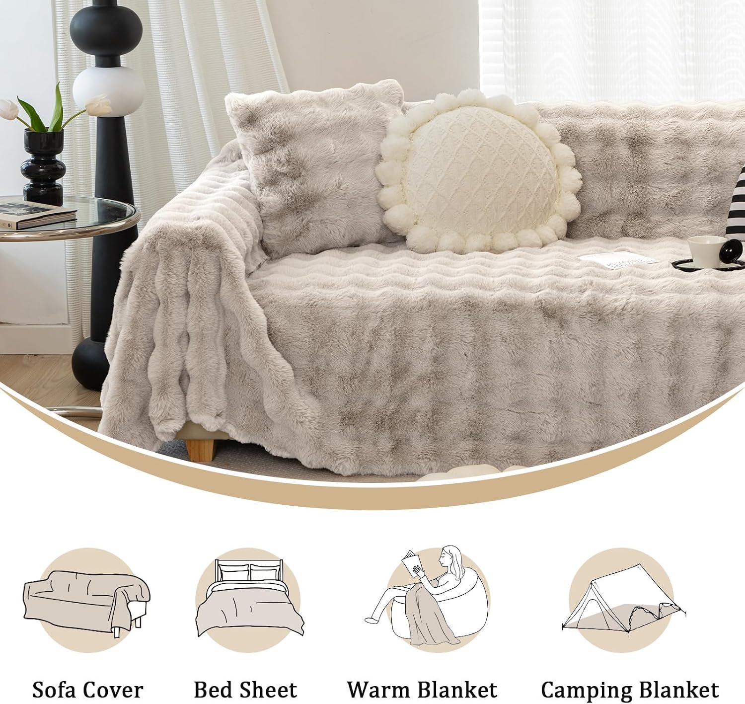 Foreate Fuzzy Plush Sofa Covers, Faux Fur Couch Cover for 3 Cushion Couch Sofa, Sectional Couch Cover, Warm L Shaped Sofa Slipcovers for Dogs, Cats (Coffee, 71" x 134")