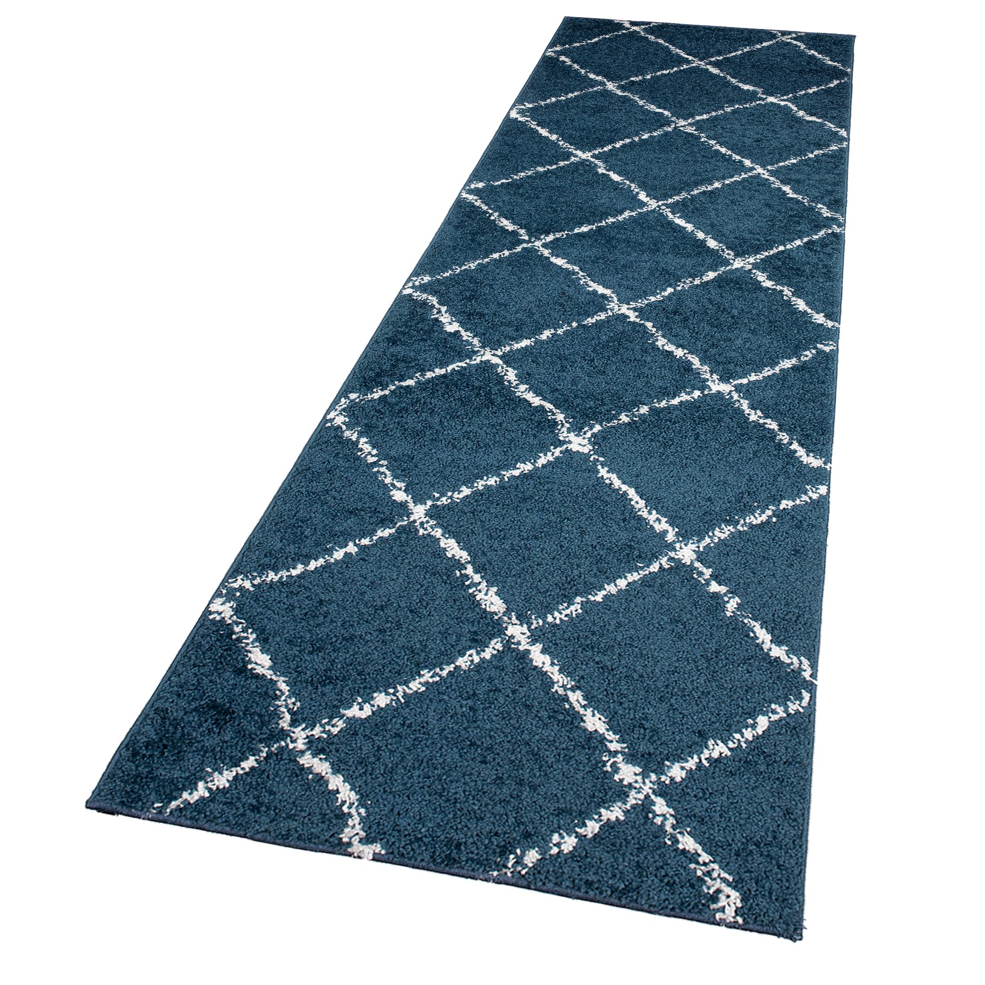 TAPISO Delhi Tapis Couloir Long Tapis au Mètre Tapis de Passage Poils Longs Tapis Salon Chambre Entrée Moderne Bleu Foncé Blanc Losanges Moelleux Oeko-TEX 60 x 120 cm