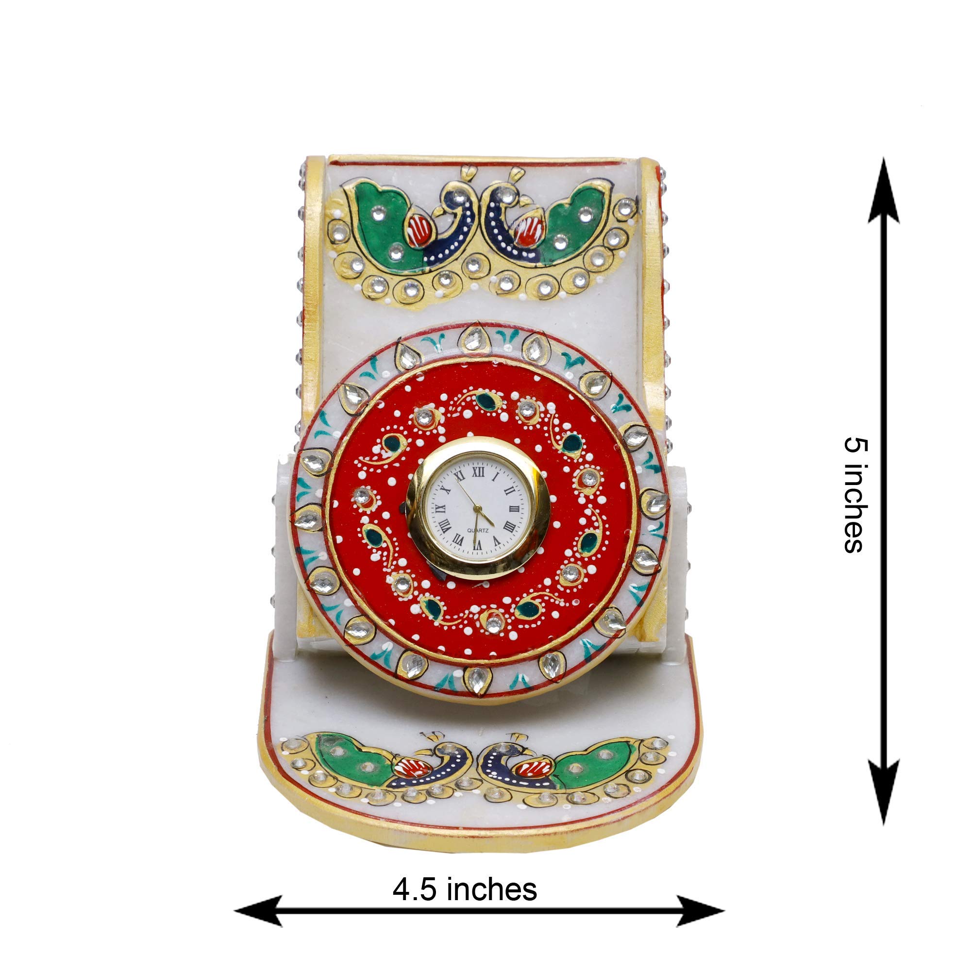 Anjali Arts Decorative Round Marble Clock Cum Mobile Stand for Home | Table Top Designers Printed Peacock Watch with Phone Holder for Home & Office (Multicolor, 10.5x10x11.5 cm) 1