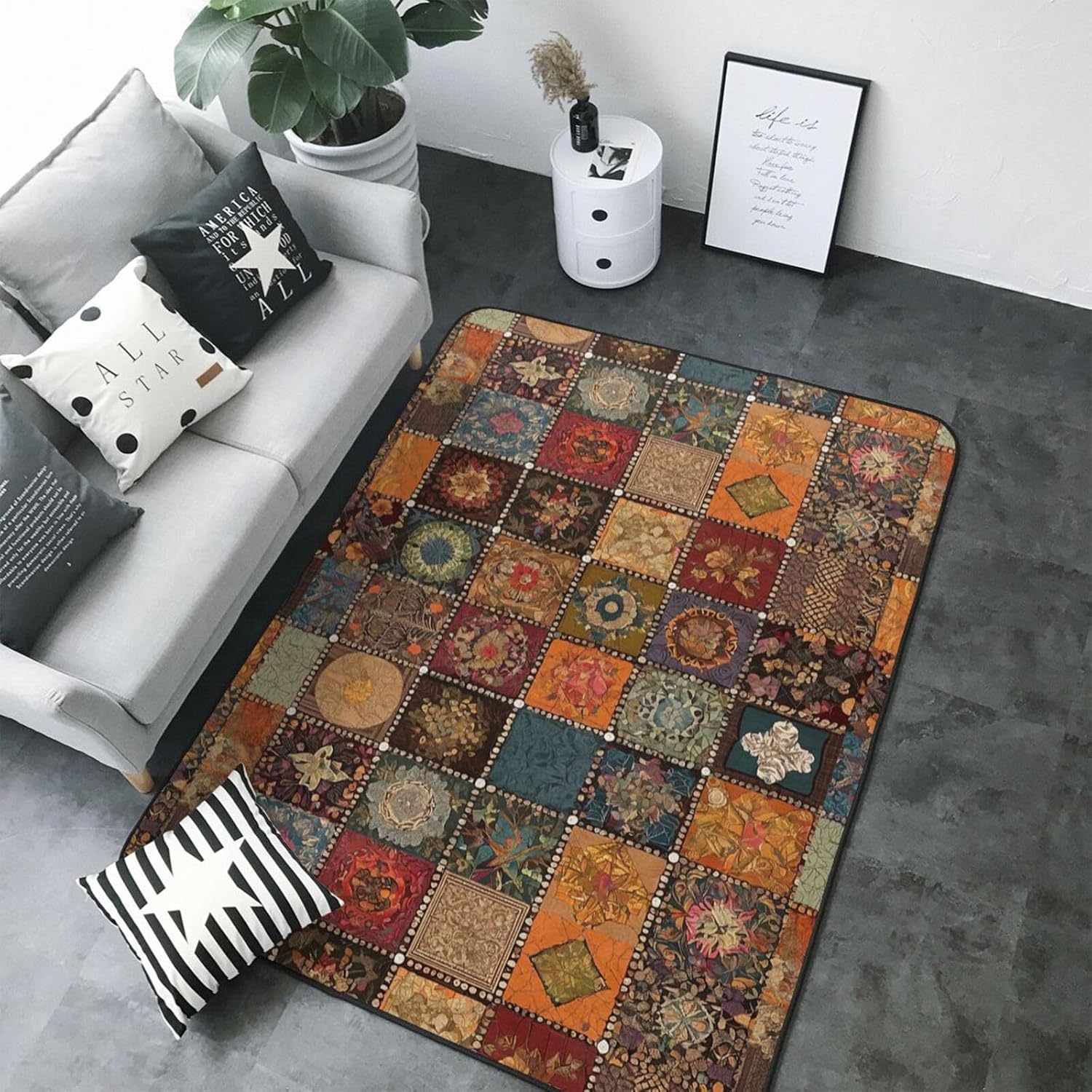 Flannel Non-Slip (African Style Patchwork) Rug Pad 80×50in Soft Washable Protective for Hardwood Floors Bedroom Bathroom Living Room