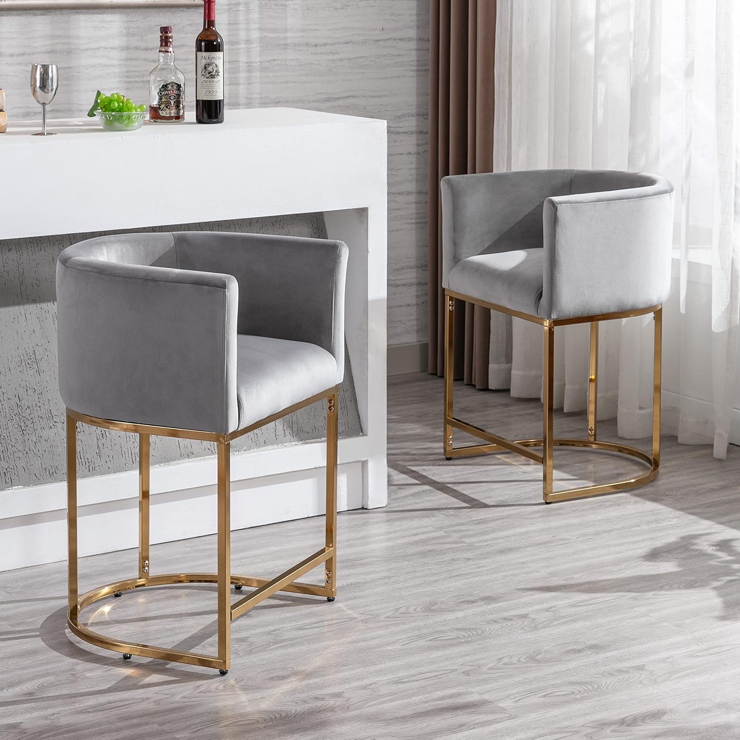 RIVOVA Contemporary Grey Velvet Bar Stools Set of 4, 24" Upholstered Fabric Counter Height Barstools Kitchen Counter Island Stools with Screwed Together Golden Metal Base