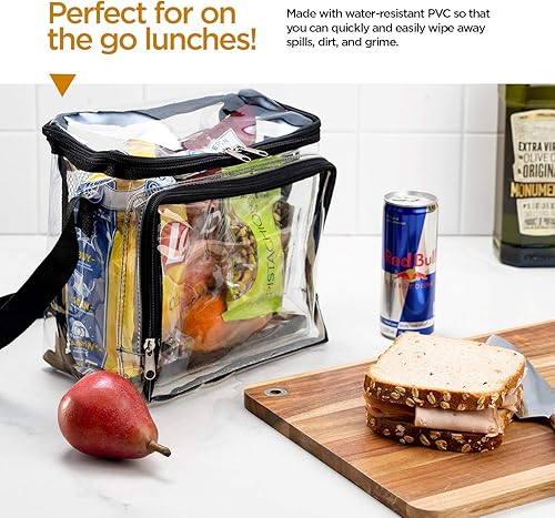 Miniatura 10 de SP HOME GOODS Lonchera transparente aprobada para estadios (tamaño grande) con correa ajustable, compartimento de almacenamiento frontal y bolsillos