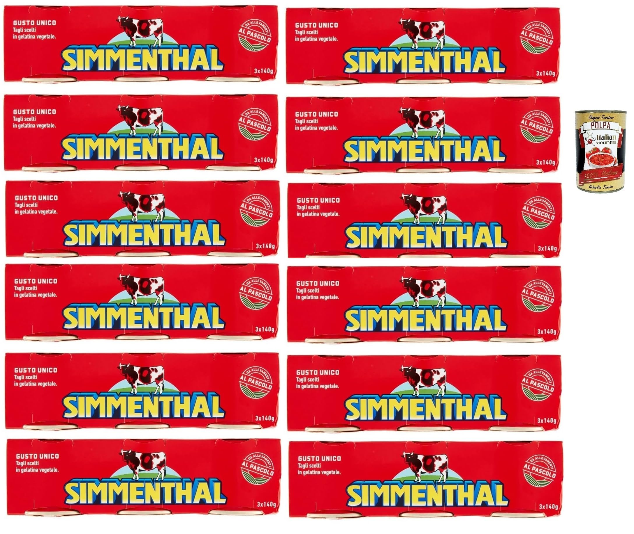 Italian Gourmet Carne in scatola Rindfleisch Konserve 12 x 3 x 140g | Fleischstücke di manzo, Gemüsegelatine, praktisch für Salate, Panini, Gesamtnettogewicht 420 g + Kostenlos Polpa 400g