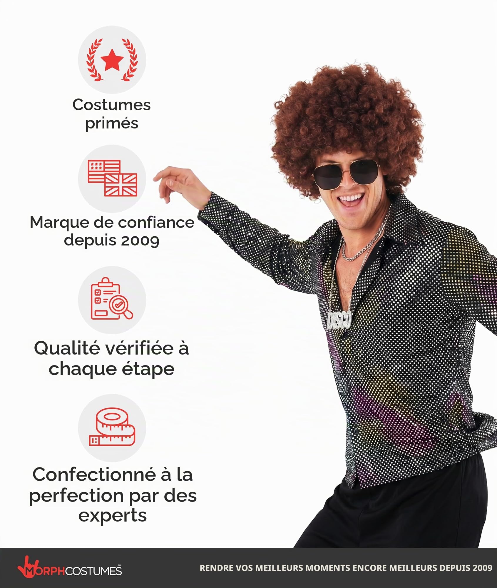 Morph Chemise Homme Disco, Paillettes, Déguisement Années 80, Costume Carnaval Homme