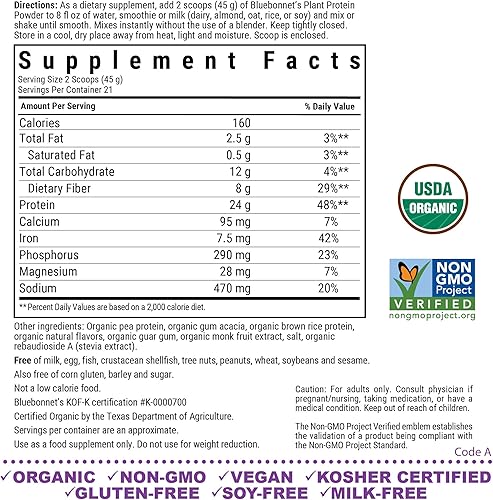 Miniatura 2 de BlueBonnet Nutrition - Proteína vegetal orgánica en polvo, 0.94 onzas de proteína vegetal, cero azúcar, 0.28 oz de fibra, USDA orgánico, sin OMG,