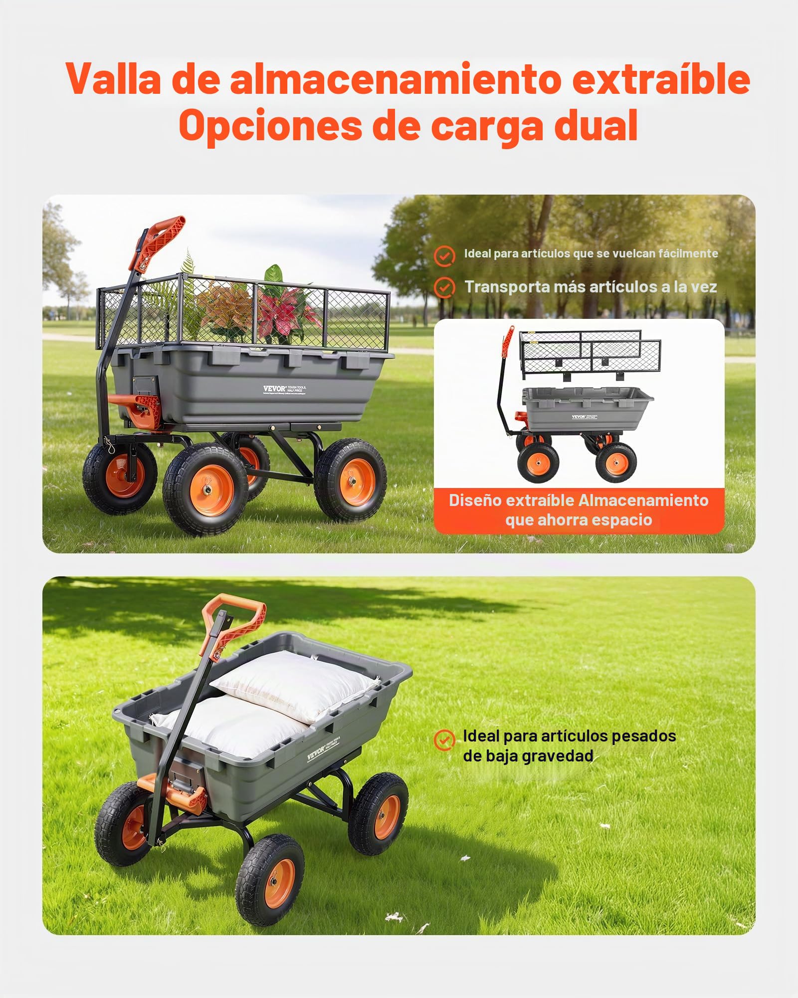 VEVOR Carro de Jardín con Función Basculante Carga de 544 kg, con Valla de Almacenamiento, Carro de Jardín de Polietileno Mecanismo de Volcado de 90°, con Ruedas Giratorias de 180°, para Plantas
