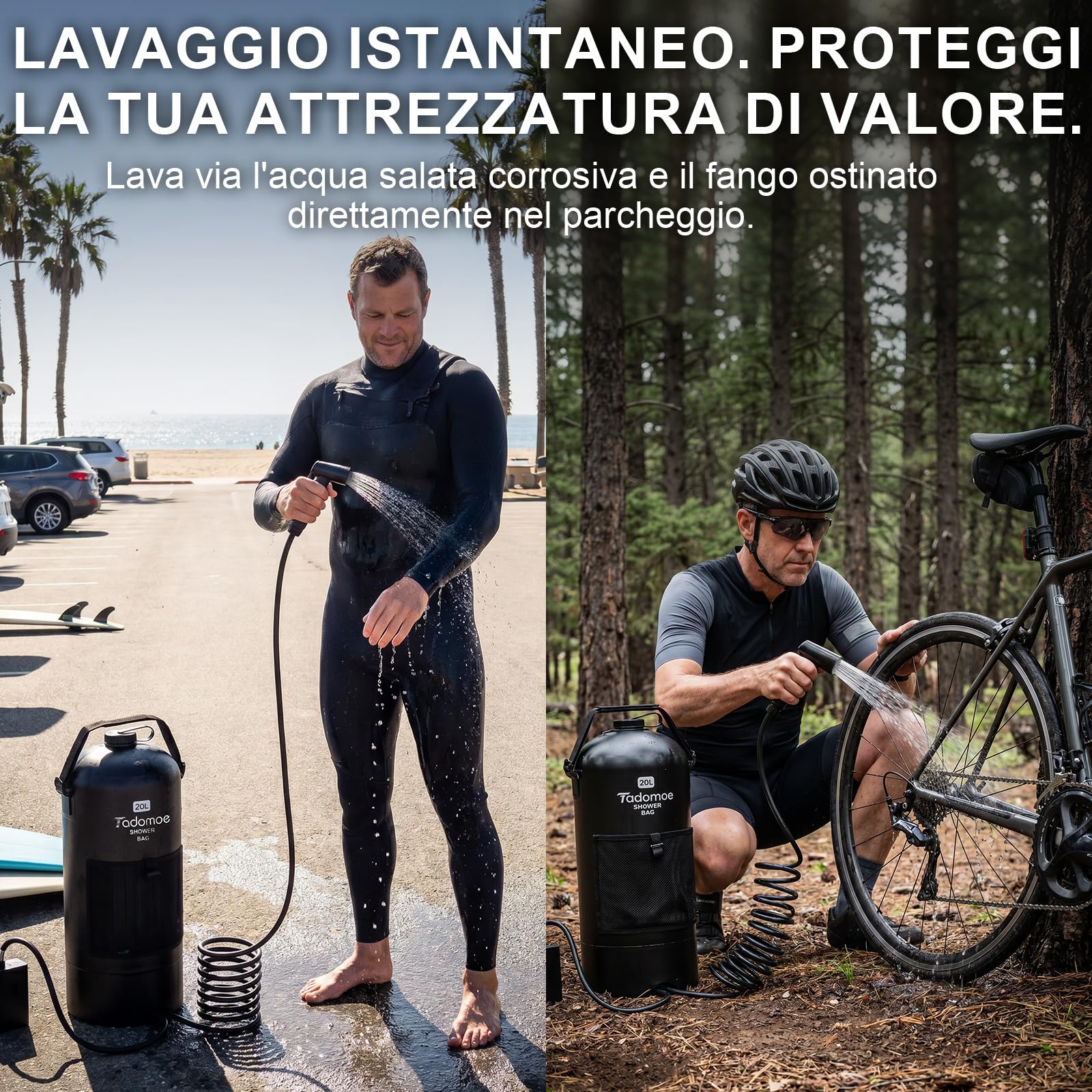 Doccia da Campeggio Elettrica 20L con Pompa 2000mAh, Nero | Tubo di 2m per Vanlife e Spiaggia, Sacca Pieghevole Portatile, Luce LED Notturna, Ottimo per Cani