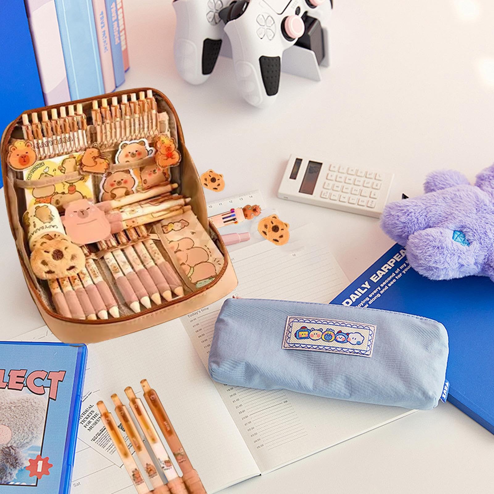 Simpatico set di cancelleria Capybara, organizer per penne per studenti, grazioso astuccio con penne, clip, righelli e altro, multi scomparti, organizer per matite con ampia apertura, per ufficio
