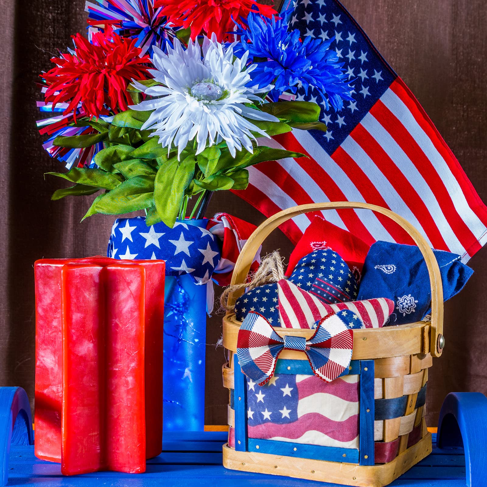Whaline 2 Rollen 4. Juli Drahtrand Plaids Band Patriotisches Büffelkaro Band Rot Blue Plaids Ribbon 6,3 cm Bauernhaus Bastelband für Independence Day DIY Geschenkverpackung Schleife Dekor, 9,1 m