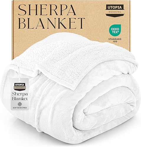 Utopia Bedding Manta Sherpa tamaño Queen blanca, 90 x 90 pulgadas  Manta reversible de forro polar de felpa gruesa y cálida de 480 GSM para cama,