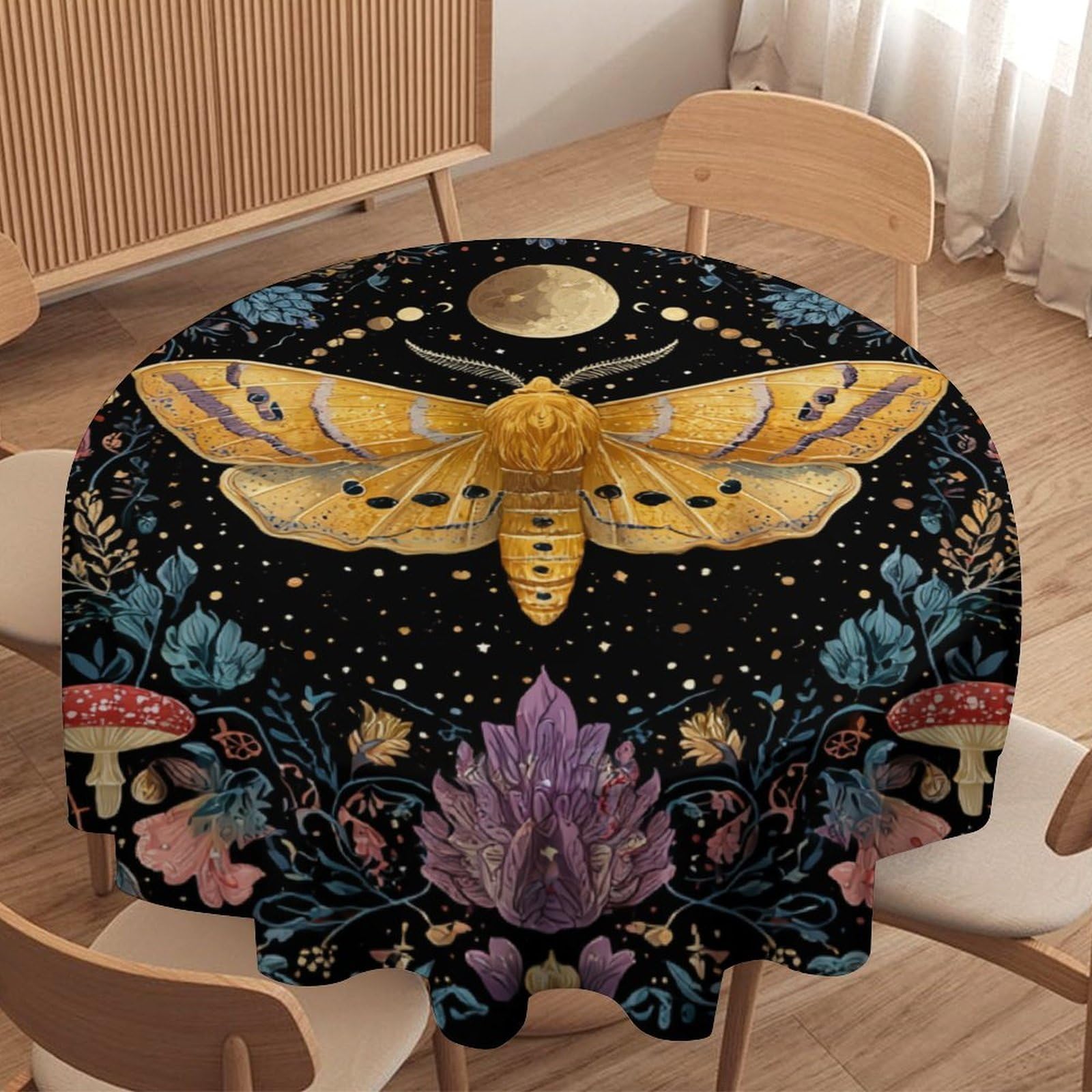 LUYYSKY Beautiful Rustic Boho Mushroom Waterproof Round Tablecloth Classic Vintage Moon Phase Animal Butterflies Flowers Print Washable Table Cover for Kitchen-127 Wx127 L cm