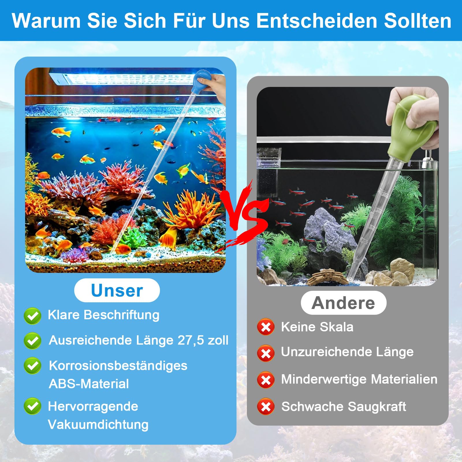 prota Grande pipette d'aquarium - 45 cm - 50 ml - Extra longue - Avec tube d'extension de 25 cm de long - Nettoyeur manuel - Changement d'eau d'aquarium - Accessoire de nettoyage