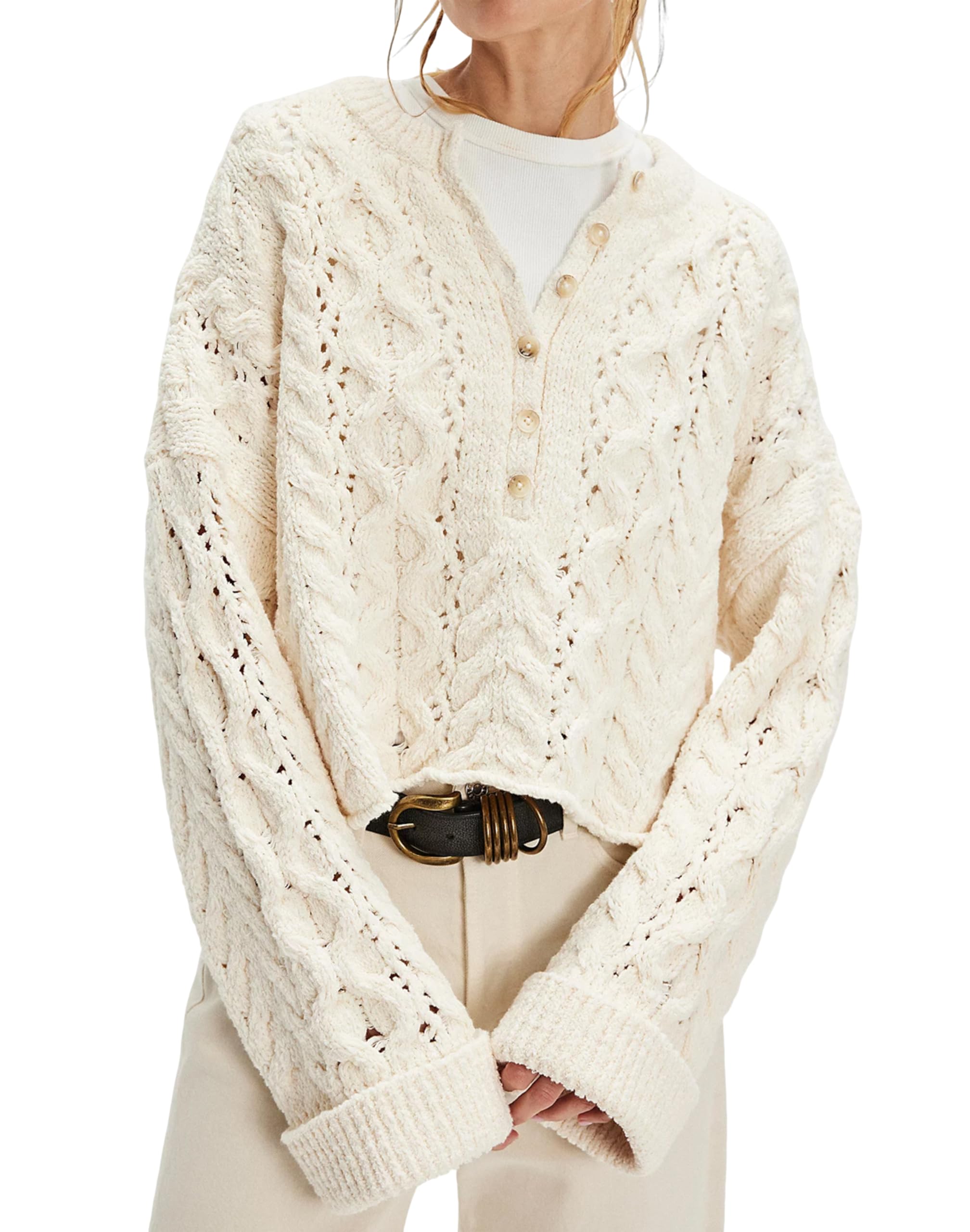 Womens Cable Knit Round Neck Button Pullover Sweater