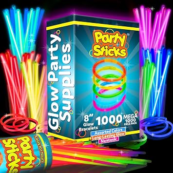 PartySticks Glow Sticks Party Supplies 1000 pack - 8 Inch Glow in The Dark Light Up Sticks Party Favors, Glow Party Decorations, Neon Party Glow Necklaces and Glow Bracelets with Connectors
