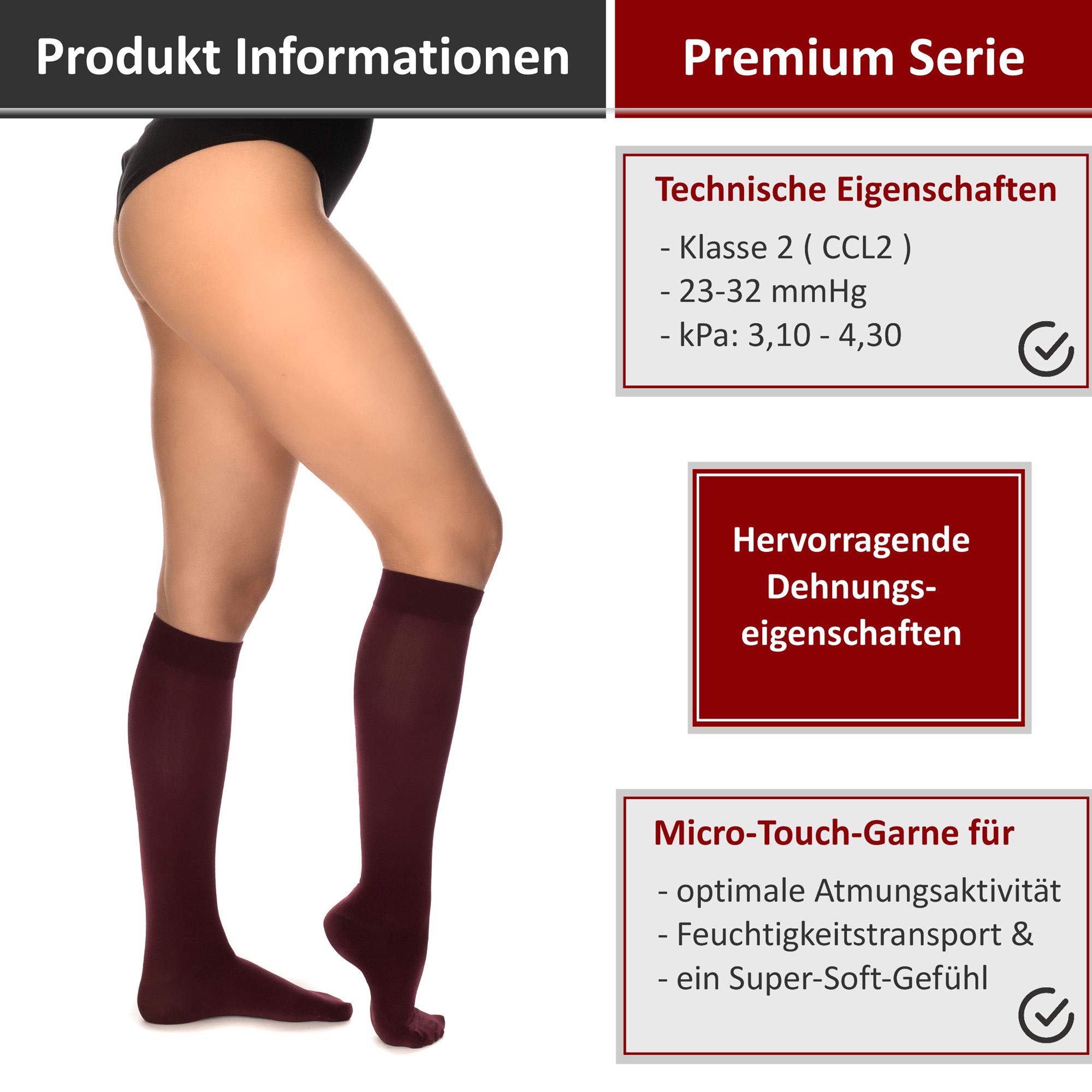 RIEMTEX medizinische Kompressionsstrümpfe Klasse 2 CCL2 23-32 mmHg Wadenstrümpfe für Damen Geschlossene Spitze PREMIUM Serie 3211a (Größe 6, Burgundy)
