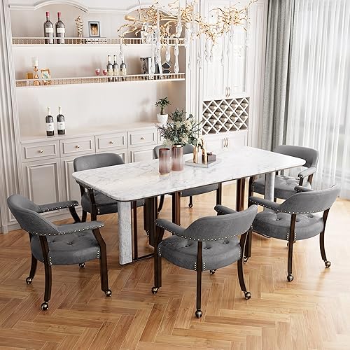 Miniatura 52 de Juego de 4 sillas de cuero de comedor con ruedas y brazos, silla de capitán Accent con ruedas, sillas de madera con ruedas enrollables para cocina y