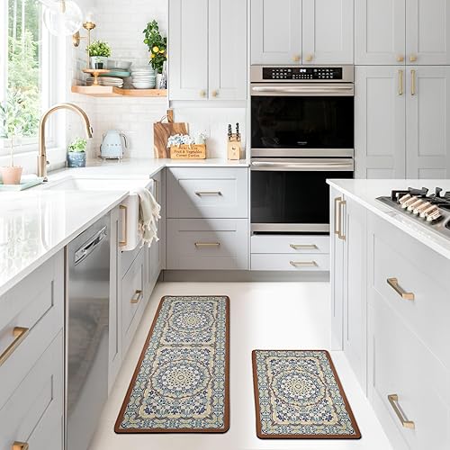 Miniatura 6 de Juego de 2 alfombras de cocina estilo bohemio, antifatiga, lavables, antideslizantes, bohemias, cómodas alfombrillas de cocina para piso, tapete