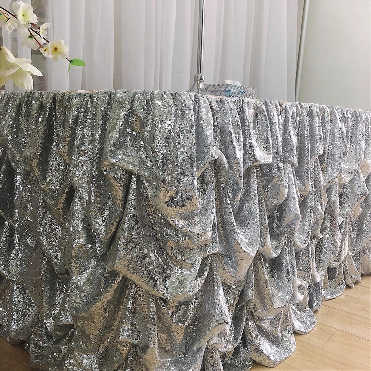 Party Table Skirts 2 Piece/lot Silver Shiny Sequin Table Skirt for Wedding Decoration