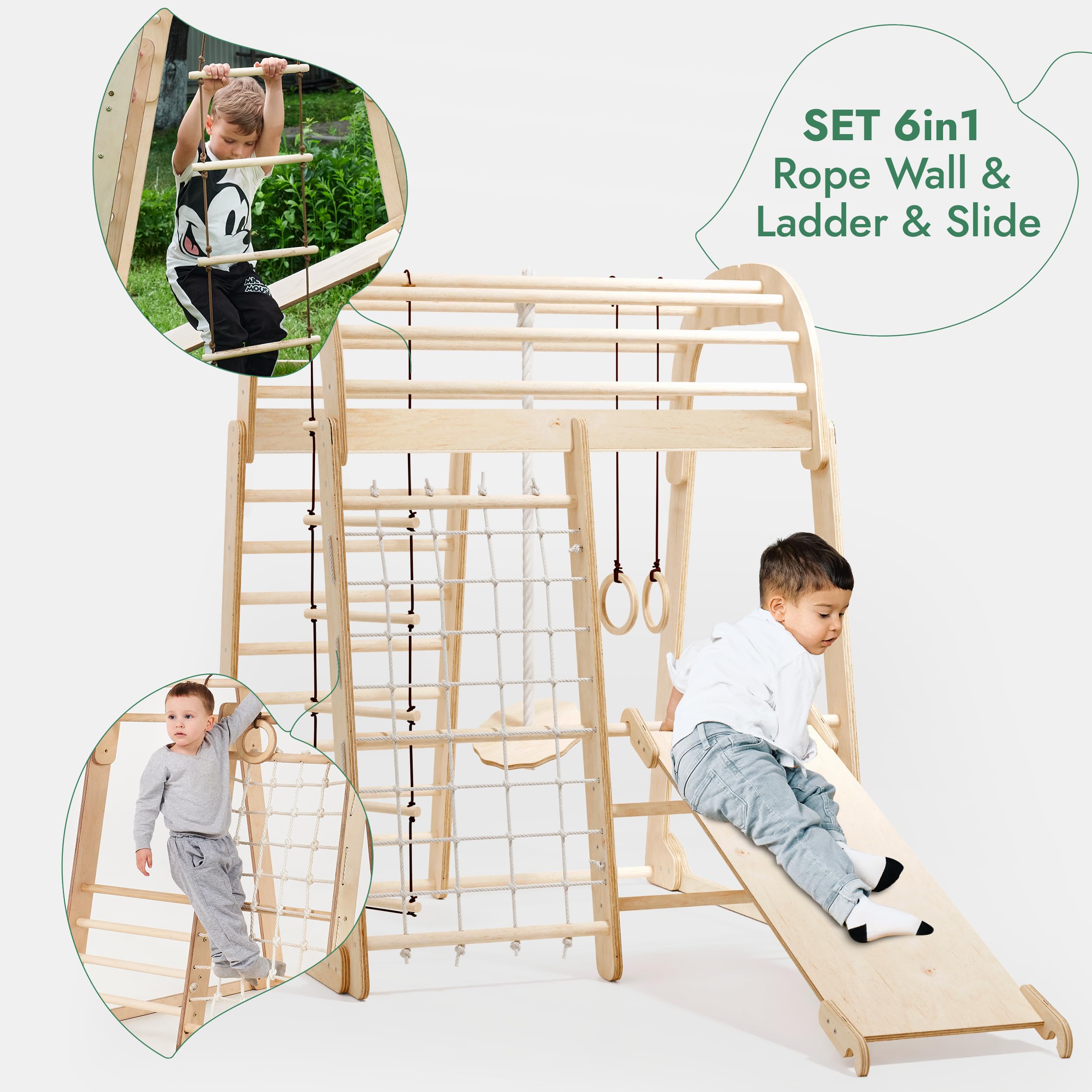 Goodevas Montessori drewniany plac zabaw do wspinaczki z drewna dla dzieci do użytku wewnątrz i na zewnątrz, drewniany plac zabaw ze zjeżdżalnią, huśtawką, ścianką wspinaczkową, linką do wspinaczki i