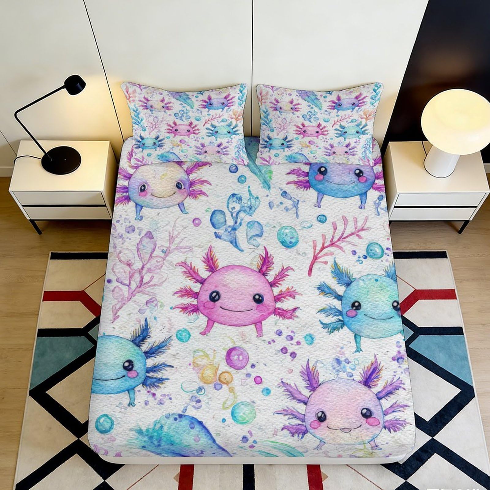3D Printed Cute Axolotl Fitted Sheet Microfiber Soft Cartoon Underwater Mattress Cover for Bedroom Guest Room Decor 90x200x25cm