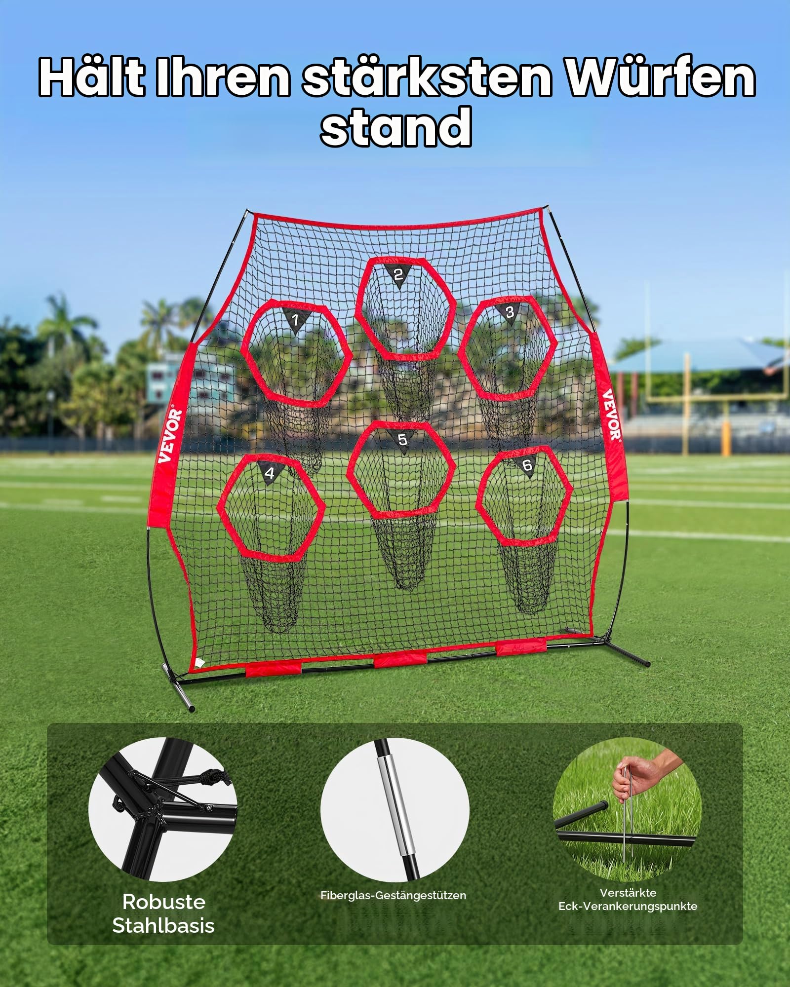 VEVOR Fußballtrainer Wurfnetz Übungsnetz (274 x 106 x 243 cm) mit 6 Zieltaschen & tragbarer Aufbewahrungstasche & Gurten, Wurfelziel-Training für die Passgenauigkeit des Quarterbacks, rot