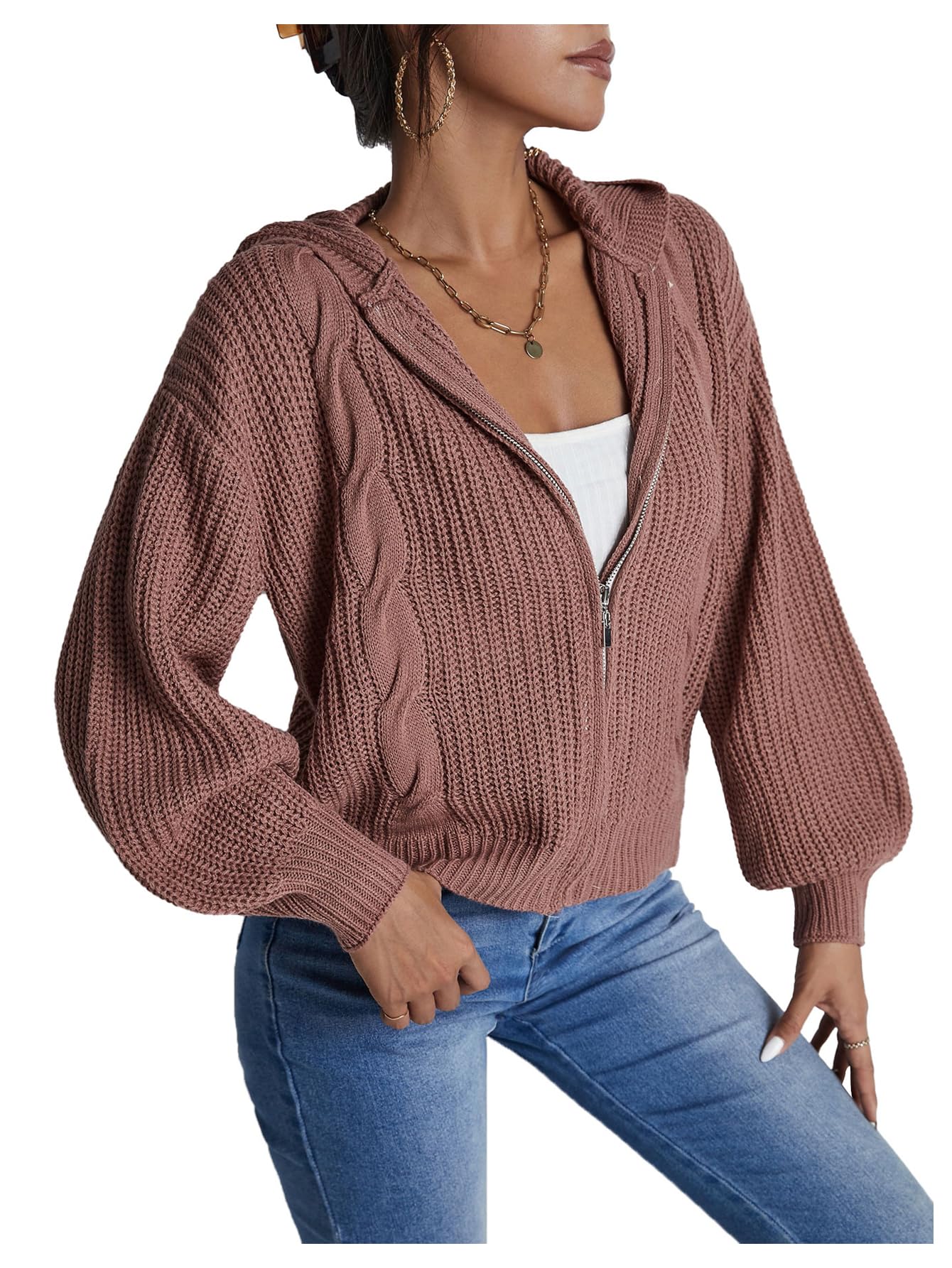 SOLY HUX Womens Zip Up Hooded Cardigan Long Sleeve Drop Shoulder Knit Sweater Hoodies Fall Outerwear