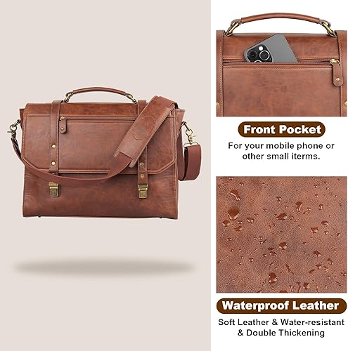 Miniatura 4 de Manificent Bolsa de mensajero para hombre de 15.6 pulgadas, impermeable, de piel sintética, maletín para laptop, bolsa grande para computadora
