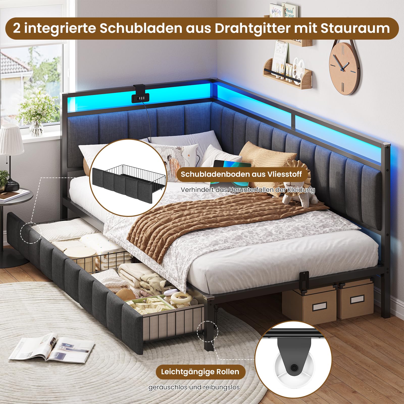 DICTAC Polsterbett Schlafsofa 90x200 mit LED-Beleuchtung und USB-Ladestation, Jugendbett Tagesbett 90x200 mit Lattenrost aus Metall und 2 Schubladen, Gästebett,Bettgestell - Ohne Matratze,Dunkelgrau