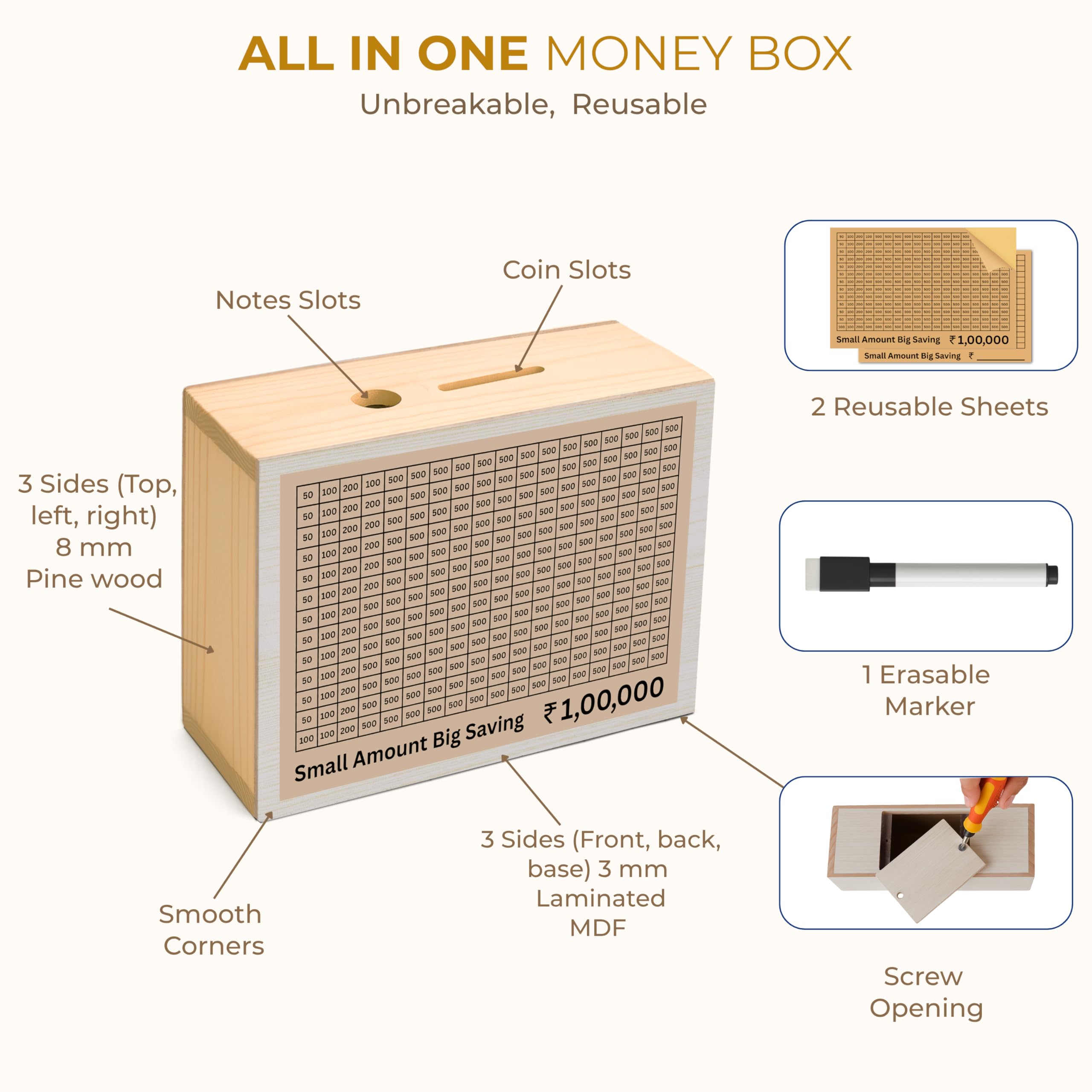 Unbreakable Wooden Money Saving Box for Adults – 1 Lakh Capacity | Reusable Piggy Bank | Money Bank with Amount 100000 | One Lakh Gullak, Kidddy Bank for Kids, Men, Women, Girls, Boys | 1 Yr Warranty 2