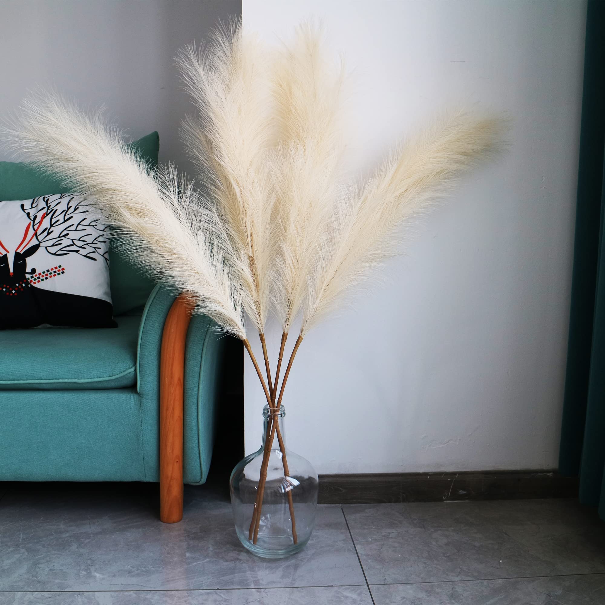 Kunstpampasgras, hoch, 109,2 cm, fusselfrei, groß, flauschig, Schilf, Kunstblumen, Federarrangement für Bodenvase, Boho, Bauernhaus, Hochzeitsdekoration, Beige, 4 Stück