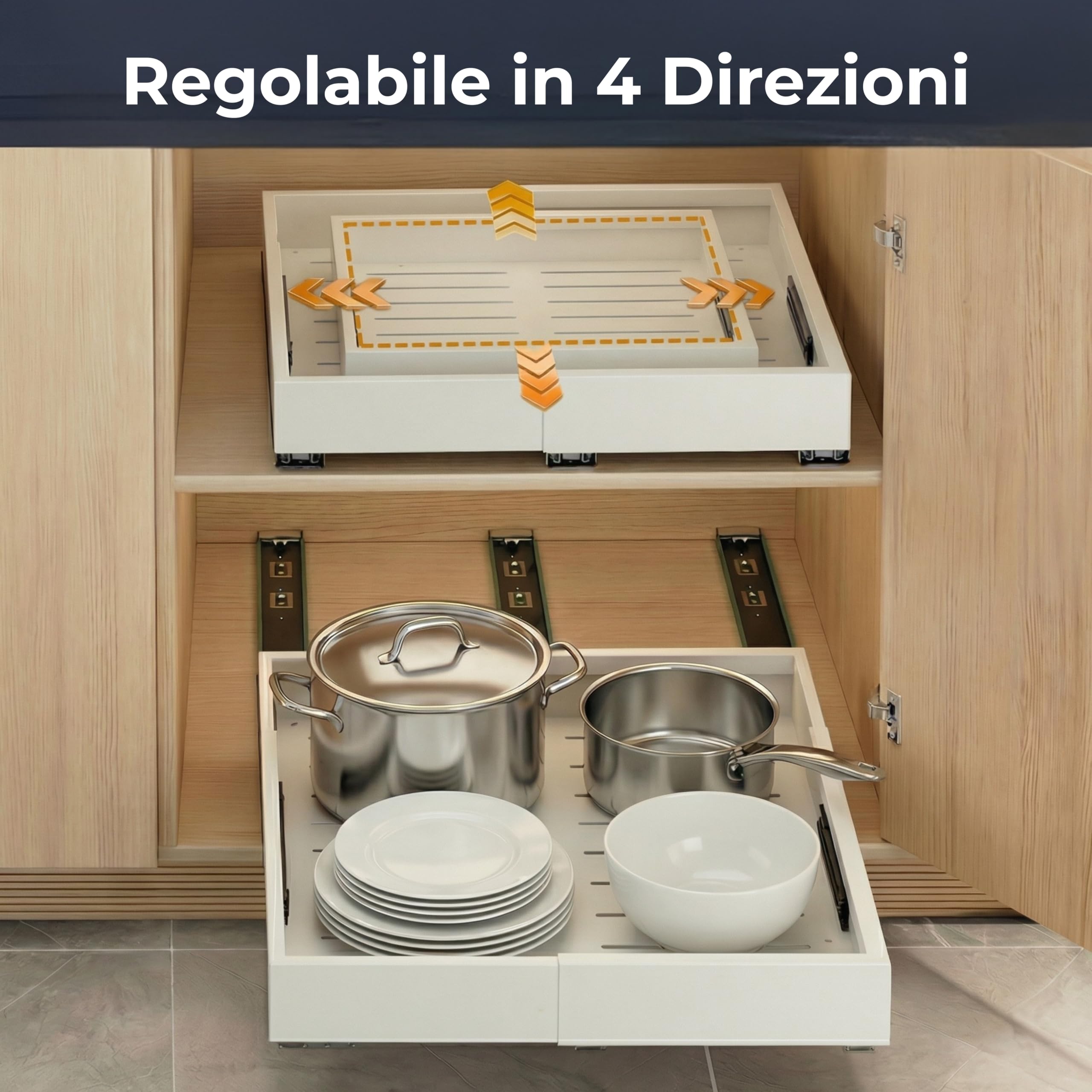 Cassetto Estraibile Cucina – Organizzatore Regolabile in 4 Direzioni, Larghezza 30-49,5 cm e Profondità 42-56 cm, Senza Trapano, Binari Scorrevoli Silenziosi – Ottimizza lo Spazio in Armadi e Dispensa