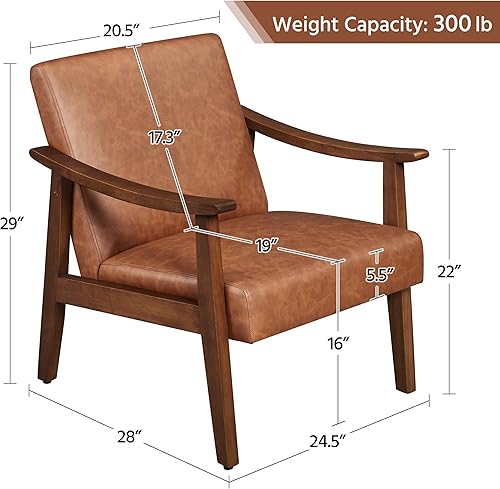 Miniatura 3 de Yaheetech Silla decorativa de piel sintética, sillón moderno de mediados de siglo con patas de madera maciza, silla de lectura con respaldo alto