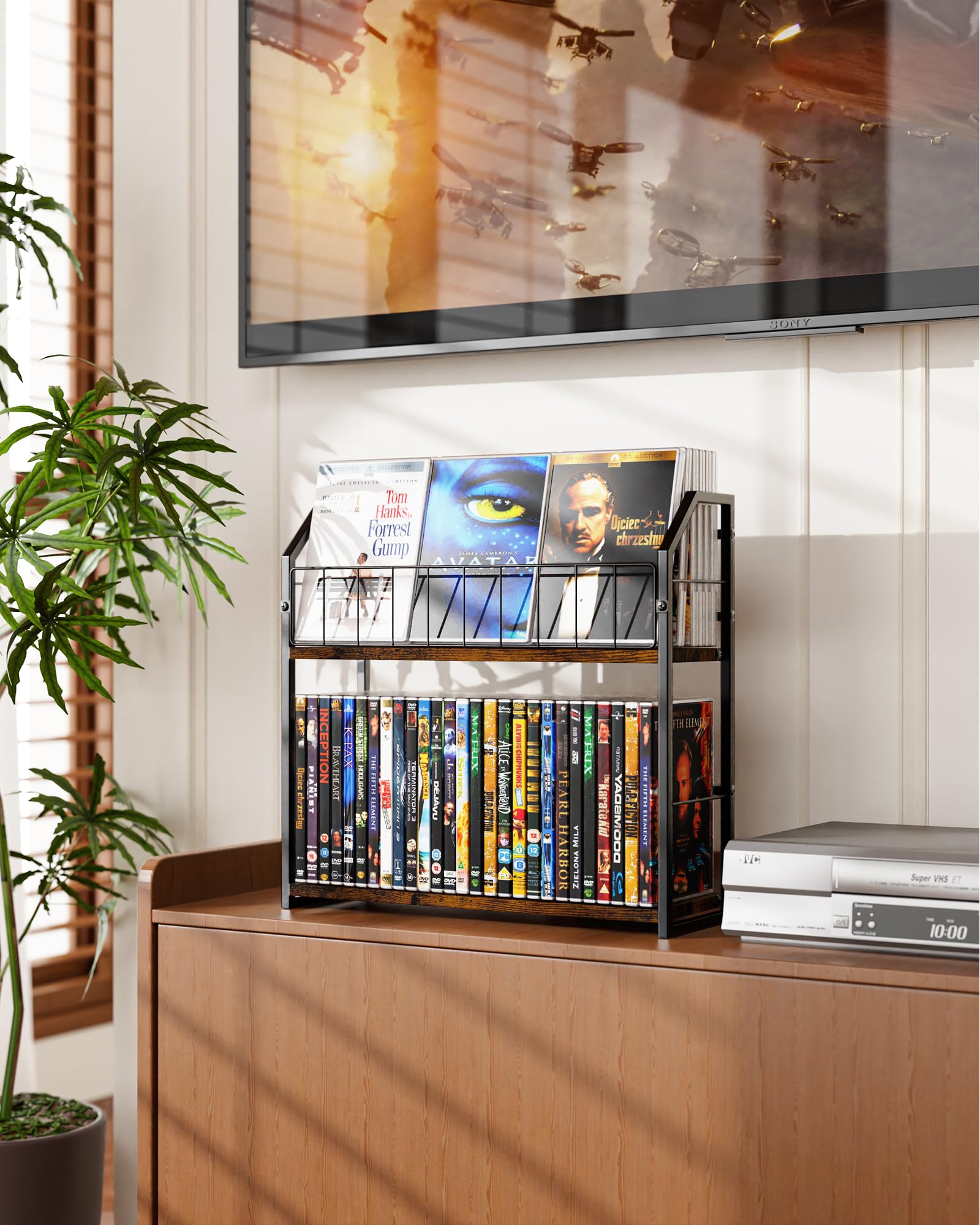 TJ.MOREE 2-stöckiges DVD-Rack mit 56 Ebenen und Schallplattenaufbewahrung, industrieller Retro-Kohlenstoffstahl/Holz, platzsparender Schreibtisch-Organizer