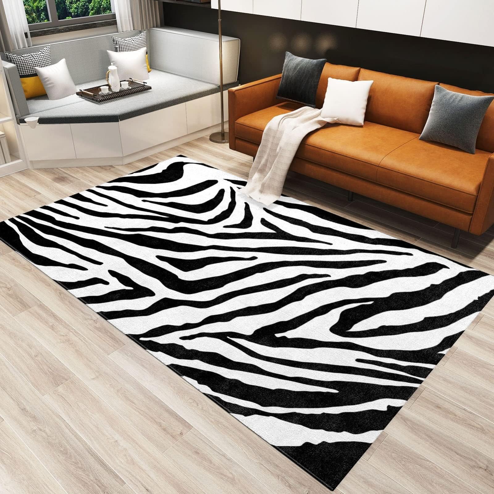 Tapis de Décoration Motif De Peau De Zèbre Noir Et Blanc, 140 x 200 cm Tapis Moquette de Chambre à Poils Ras, Paillasson Intérieur - pour Chambre à Coucher de Salon
