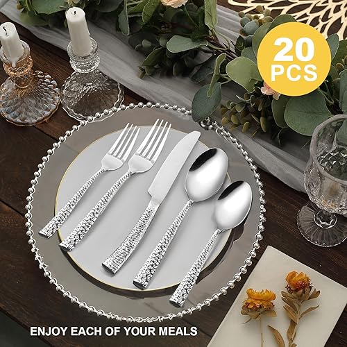 Miniatura 4 de Kikbioee Hammered - Juego de cubiertos de acero inoxidable, 20 piezas, forjado, apto para lavavajillas, servicio para 4