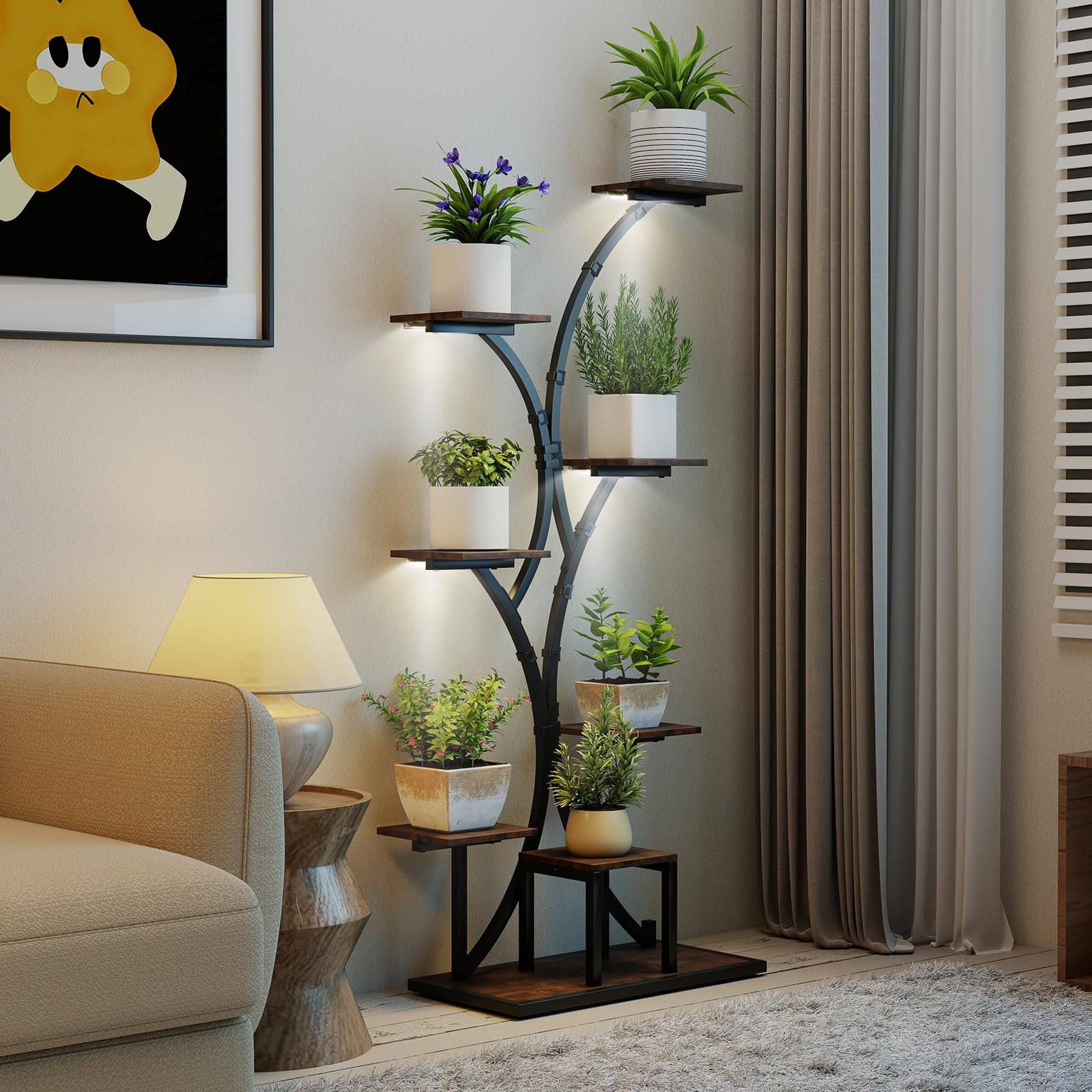 HOMASIS Soporte de Plantas con Luces de Crecimiento Ajustables y Temporizador, Estantería Alta de 8 Niveles, para Decorar, Oficina, Hogar, Esquina (146CM)
