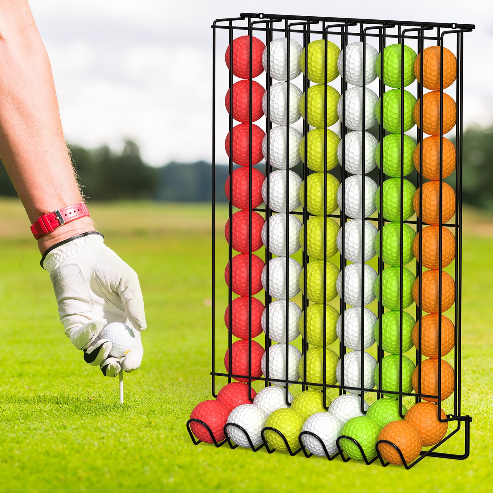 Sunexinlo Soporte para pelotas de golf para 60 pelotas, dispensador de pelotas de golf de encimera y montado en la pared, estante de exhibición de alambre de metal para el hogar, oficina, simulador de