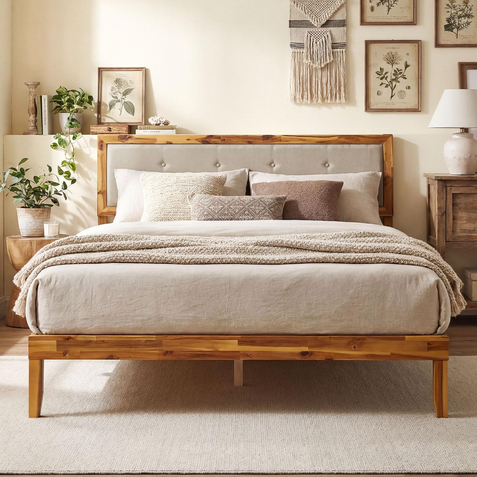COSTWAY 4FT6 Double/5FT King Size Bed Frame, Solid Acacia Wood Platform Beds with Tufted Headboard and Underbed Storage, Mid-Century Wood Slats Support Bed Mattress Base, No Box Spring Needed (King)