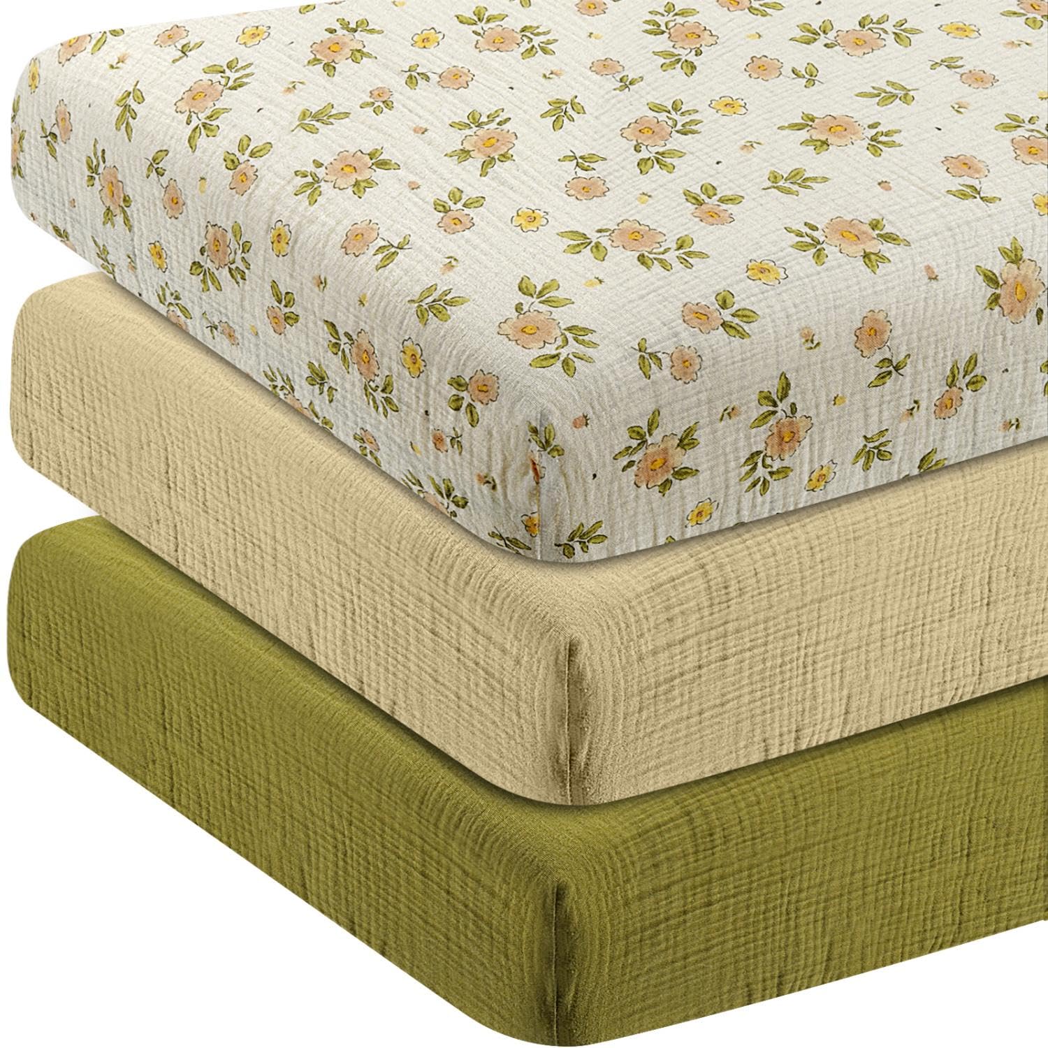 Muslin Crib Sheets Set of 3, 100% Cotton Crib Sheets for Baby Boys Girls, Safe & Anti-Slip, Soft Breathable Neutral for Standard Crib Mattress & Toddler Mattress, 52