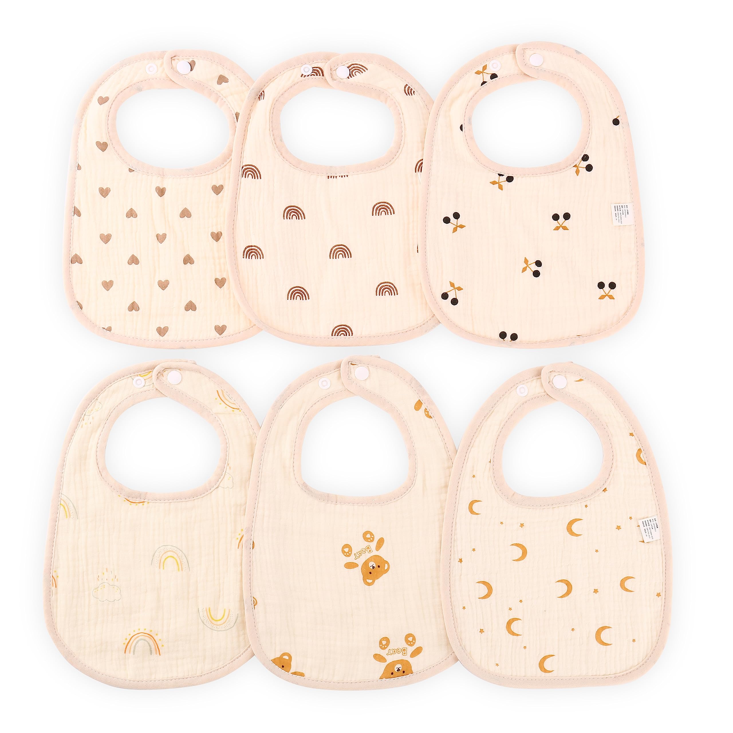 6 Pack Muslin Bibs, 100% Cotton Muslin Baby Bibs for Boys & Girls, Unisex Soft & Absorbent Multi-Layer Baby Bibs for Drooling and Teething