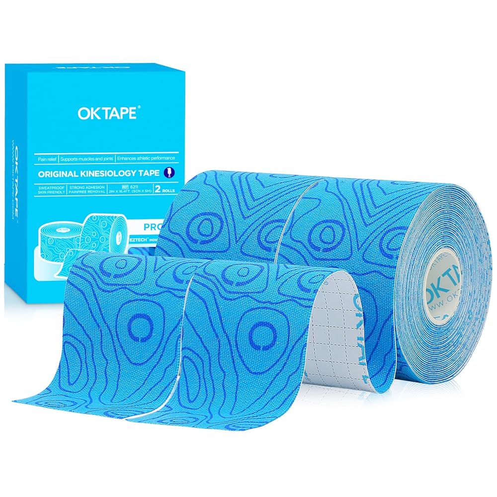 OK TAPE PRO Kinesiology Tape, 2inch x Long Roll 16ft Free Cut Tape, Elastic Athletic Tape Therapeutic Latex Free, 2 Rolls Blue+Blue