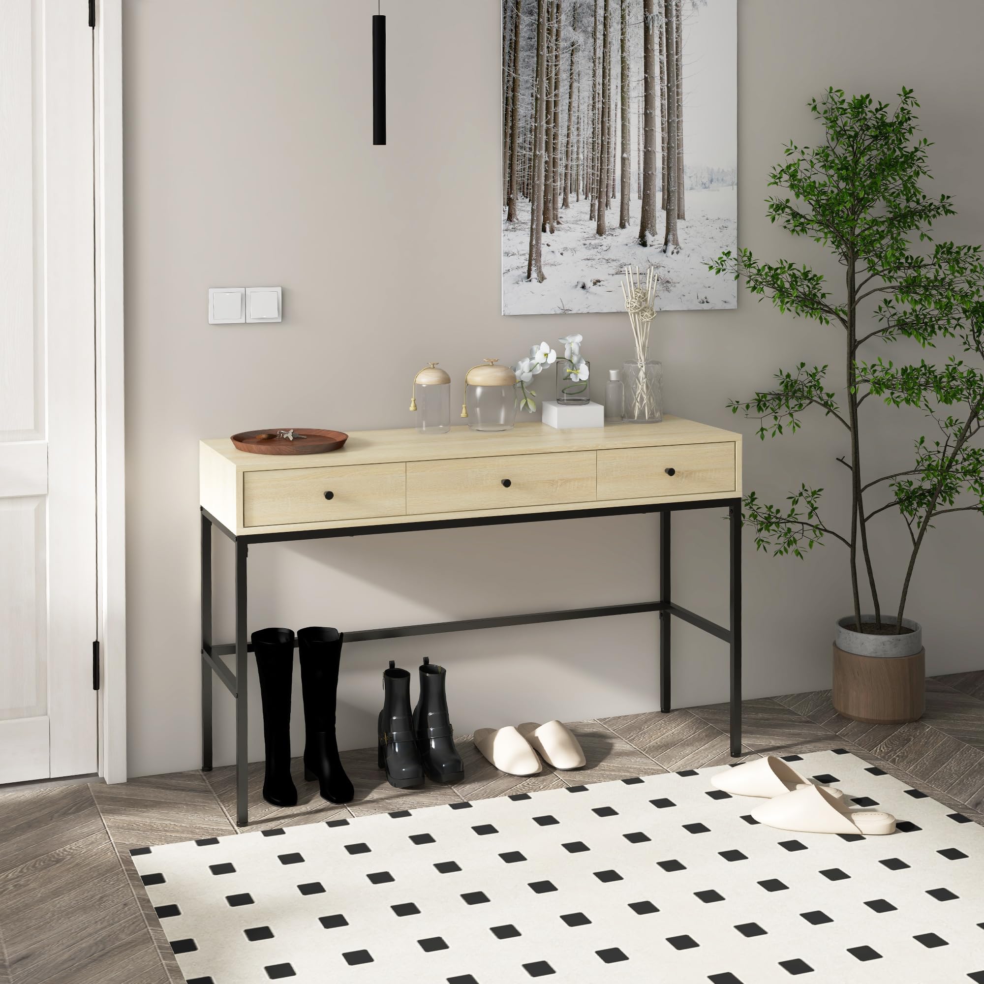 HOMCOM Table Console Table d'entrée Bout de canapé Structure en Acier 3 tiroirs Effet Bois Style Industriel 120 x 39,8 x 78 cm Naturel Noir