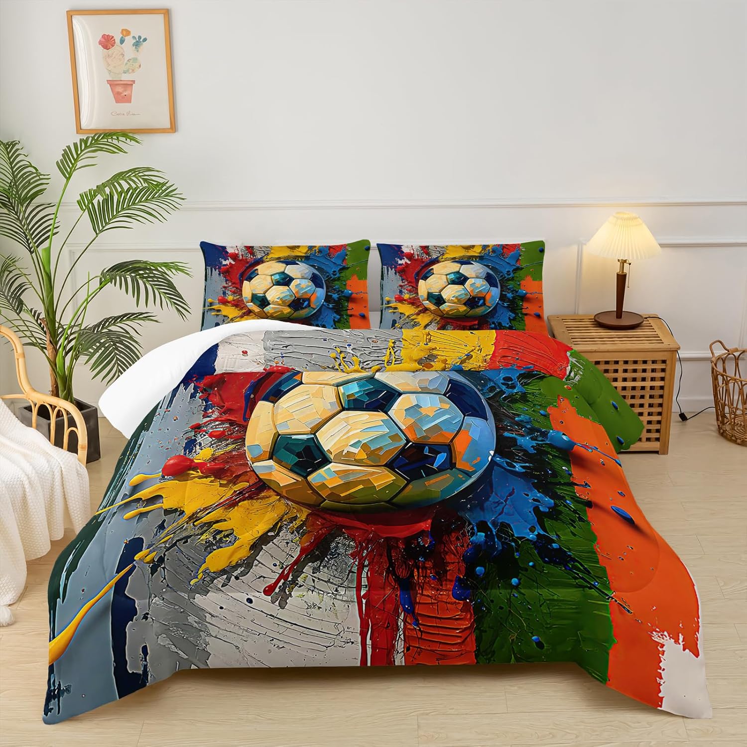 Queen Size Boys Comforter Set Soccer,Queen Size Kids Bedding Set Sports,with 1 Comforter with 2 Pillow Case