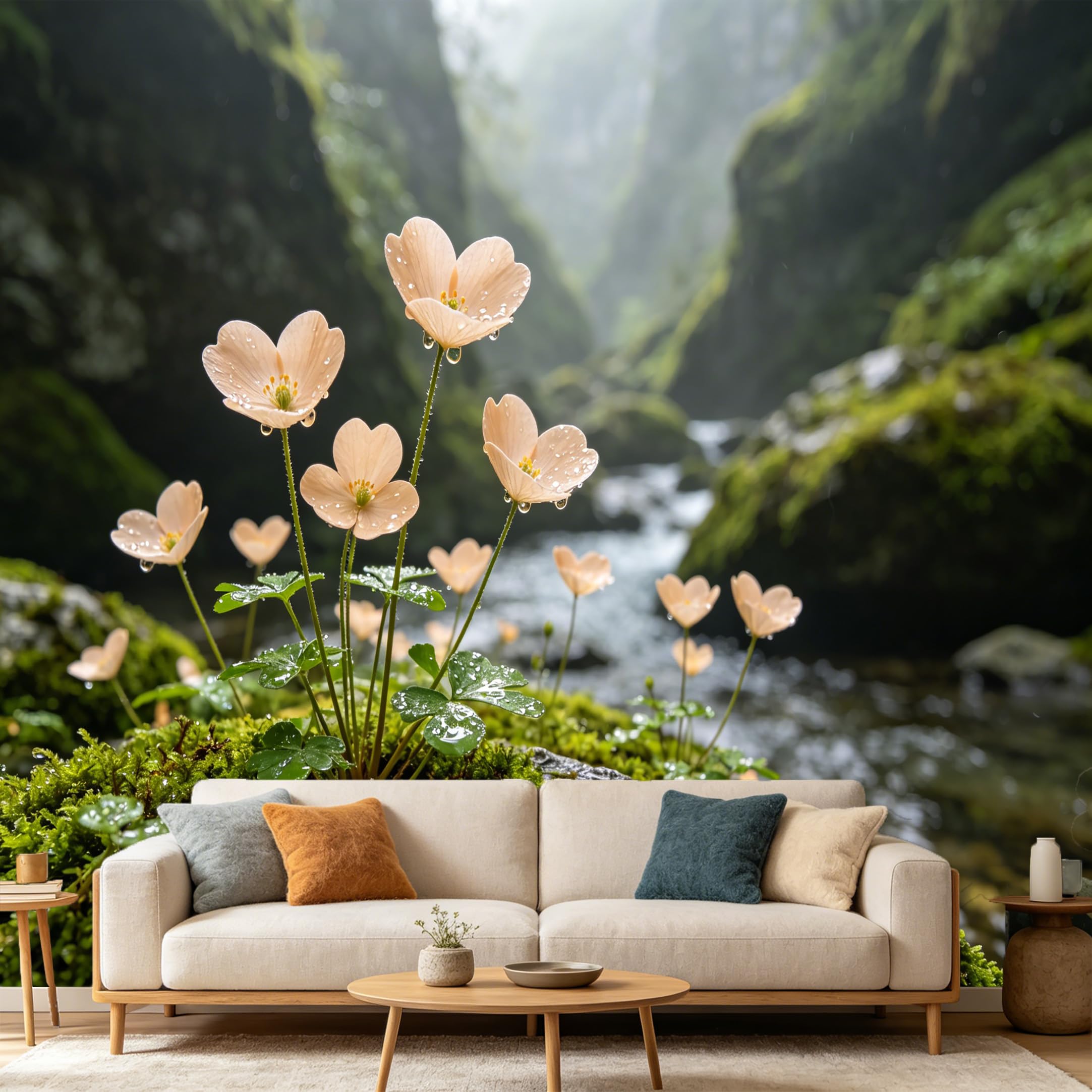 Custom Size Wall Mural Botanical Forest Stream Mossy Rocks Water Droplets SelfAdhesive Art Prints wall Fabric（No PVC） Removable Wallpaper Home Bedroom Decor