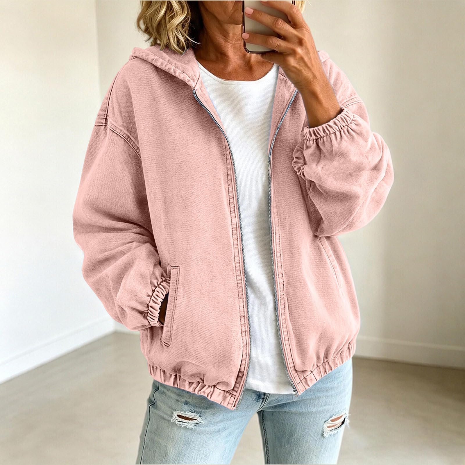 Giacca in denim da donna, a maniche lunghe, con tasche, chiusura lampo