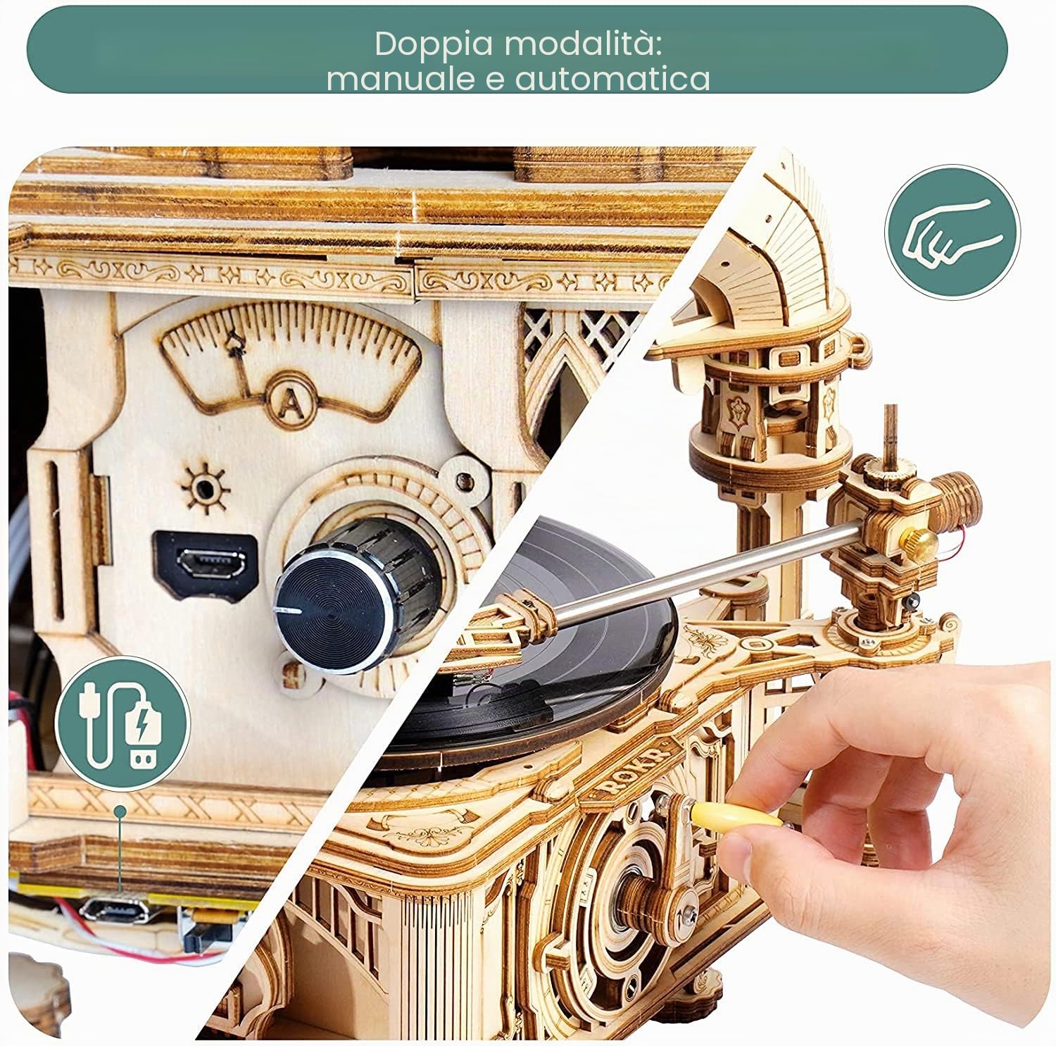 ROKR Puzzle 3D Legno per Bambini e Adulti Modellismo da Costruire Grammofono Classico Kit Modello, Modalità Automatica e Manuale LKB01D