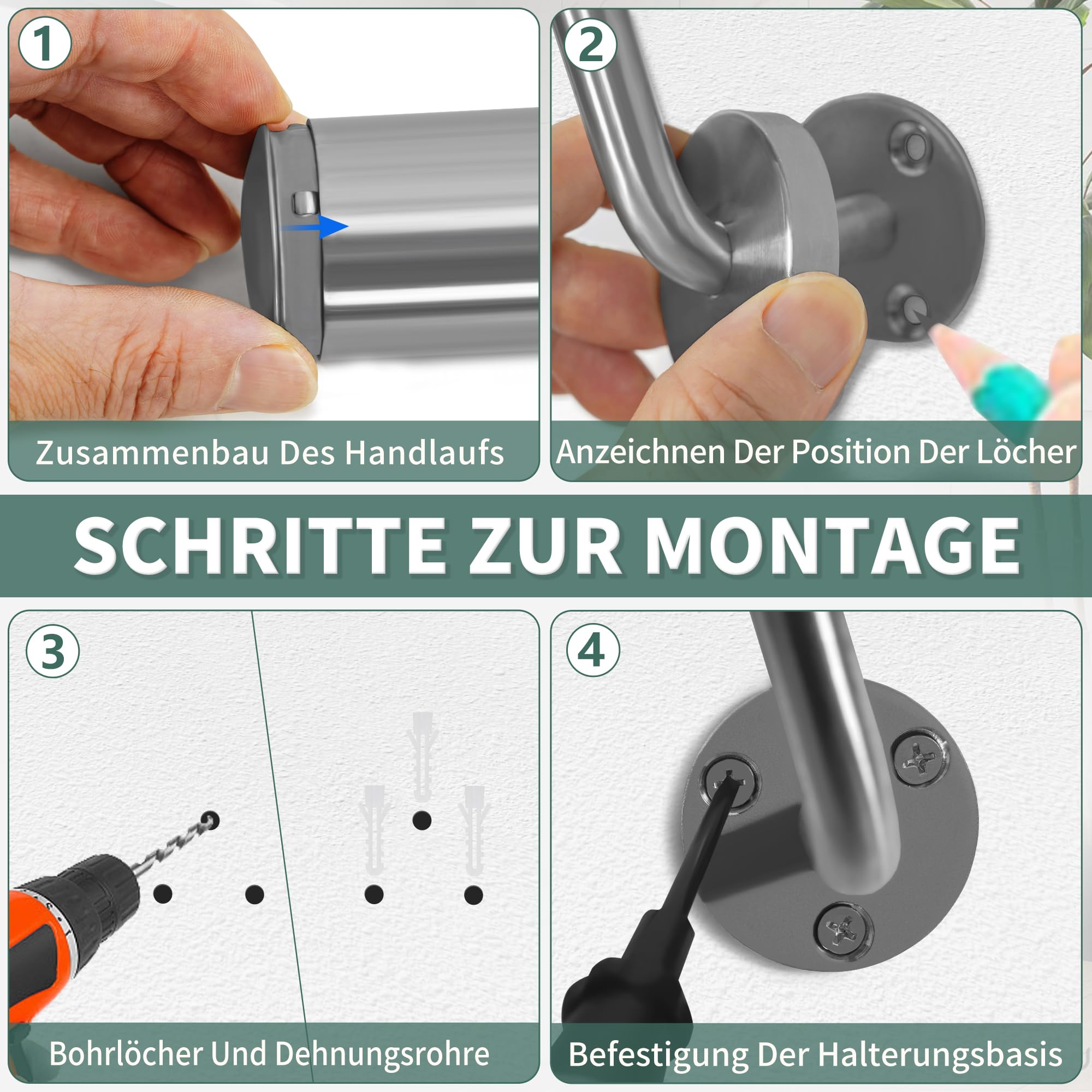 OUUTMEE Handlauf Edelstahl für Treppen 100cm Wandmontiertes Treppengeländer mit Halterungen,rund Ø 42 mm,Innen Außenhandlauf für Dachboden, Veranda, Garage Terrasse