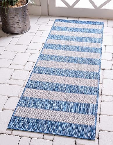 Unique Loom Outdoor Striped Collection - Alfombra envejecida a rayas (2 x 6 pies 1 pulgada, alfombra de pasillo, azulgris)