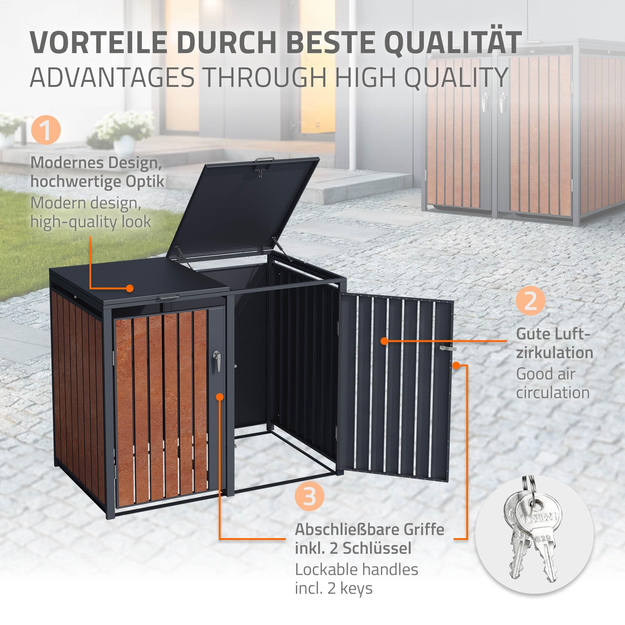 ML-Design 2x Copribidone Doppio per Rifiuti 240L 264x80x116,3 cm Antracite Effetto Ruggine in Acciaio Box per Spazzatura Copribidone 4 Porte per Pattumiera da Esterno Capanno da Giardino