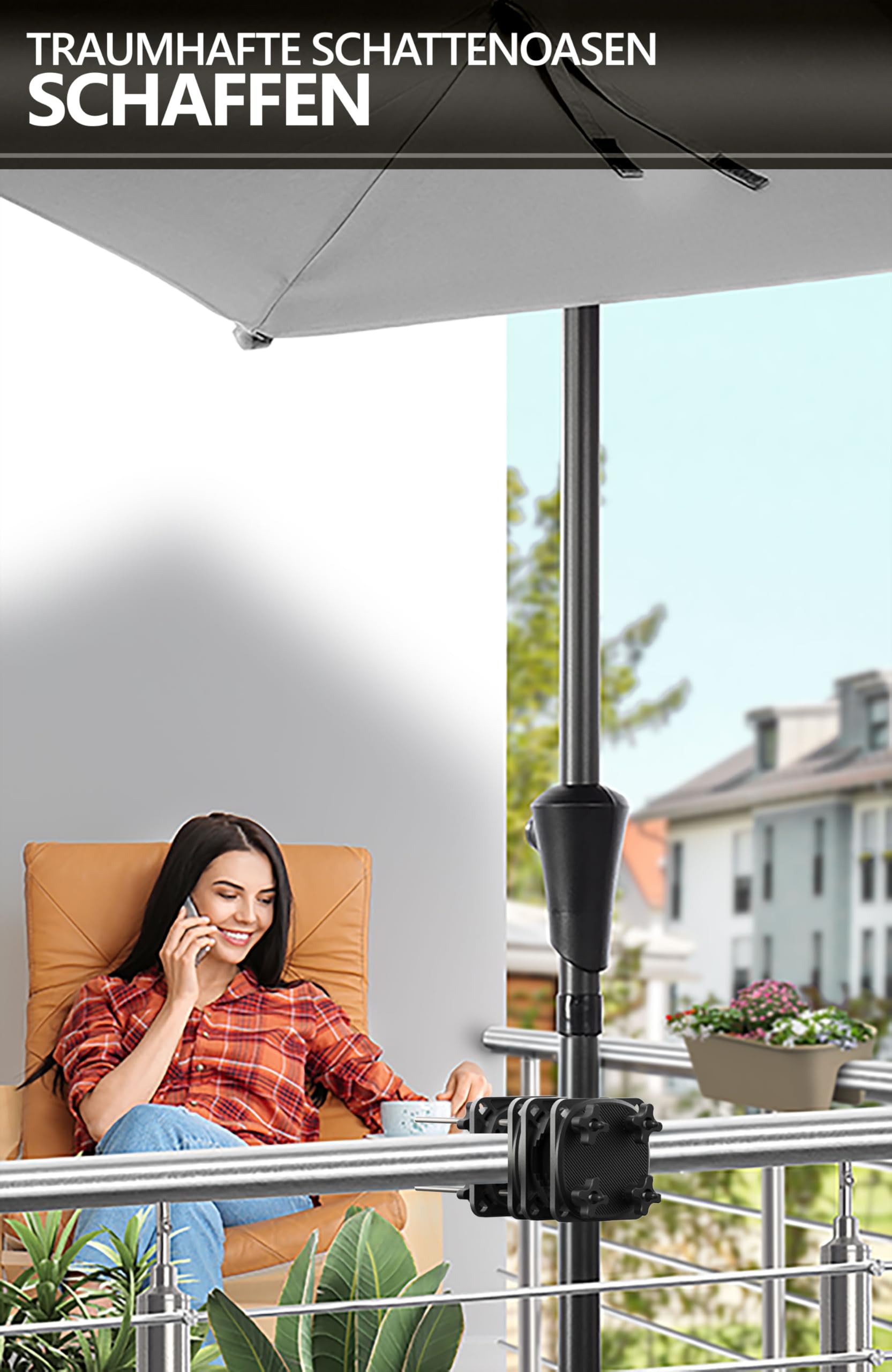 4smile SunnyGuy uchwyt do parasola balkonowego na balustradę, kolor czarny – niezawodny, uniwersalny uchwyt do parasola na balkon – kompaktowy uchwyt do parasola na balustradę balkonową, zastępujący